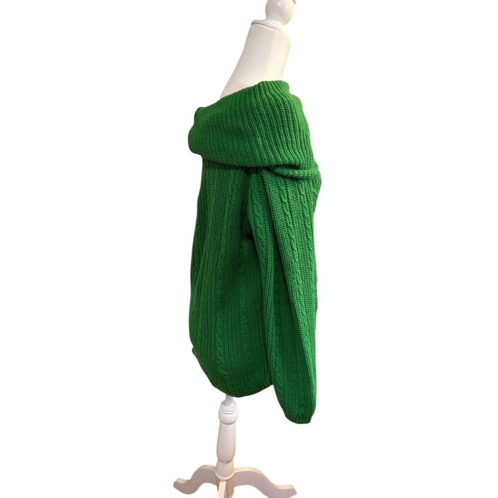 Jeanne Pierre Green Cable Knit Off-Shoulder Cotton Sweater XL - Picture 3 of 6